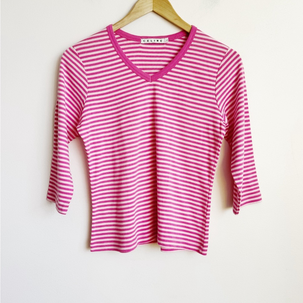 2000s celine pink striped vneck 3/4 sleeve knit top